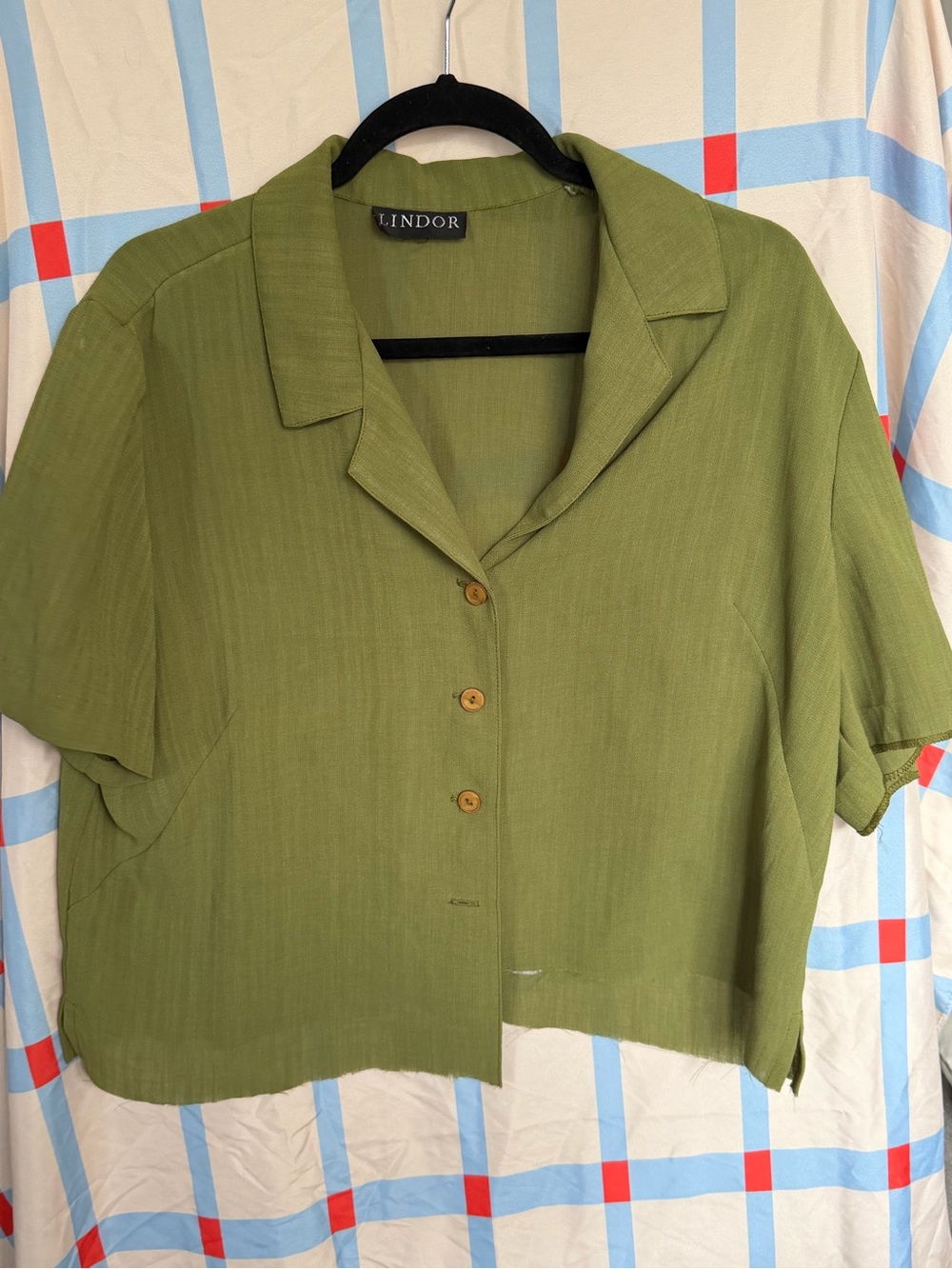 Lindor Olive Green Short-Sleeve Button Front Top